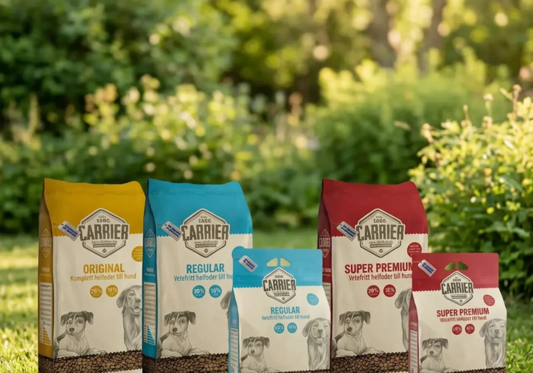 djurfoder-carrier-davidssons Carrier hundfoder sortiment: Original 15 kg, Regular 15 kg och 3,25 kg, Super Premium 15 kg och 3,25 kg